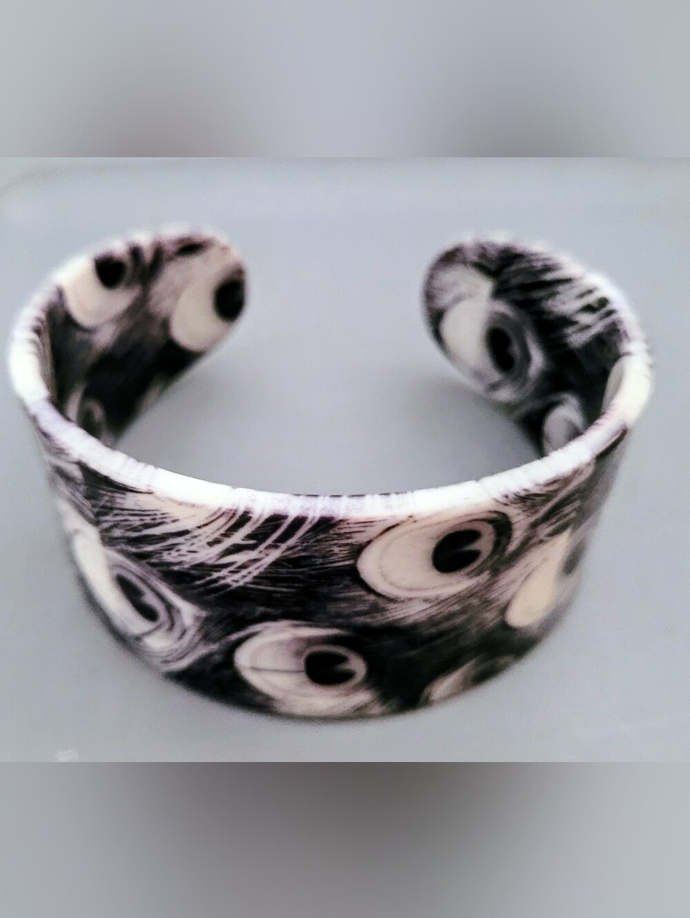 Monochrome Peacock Feather Cuff Bracelet - Black & White